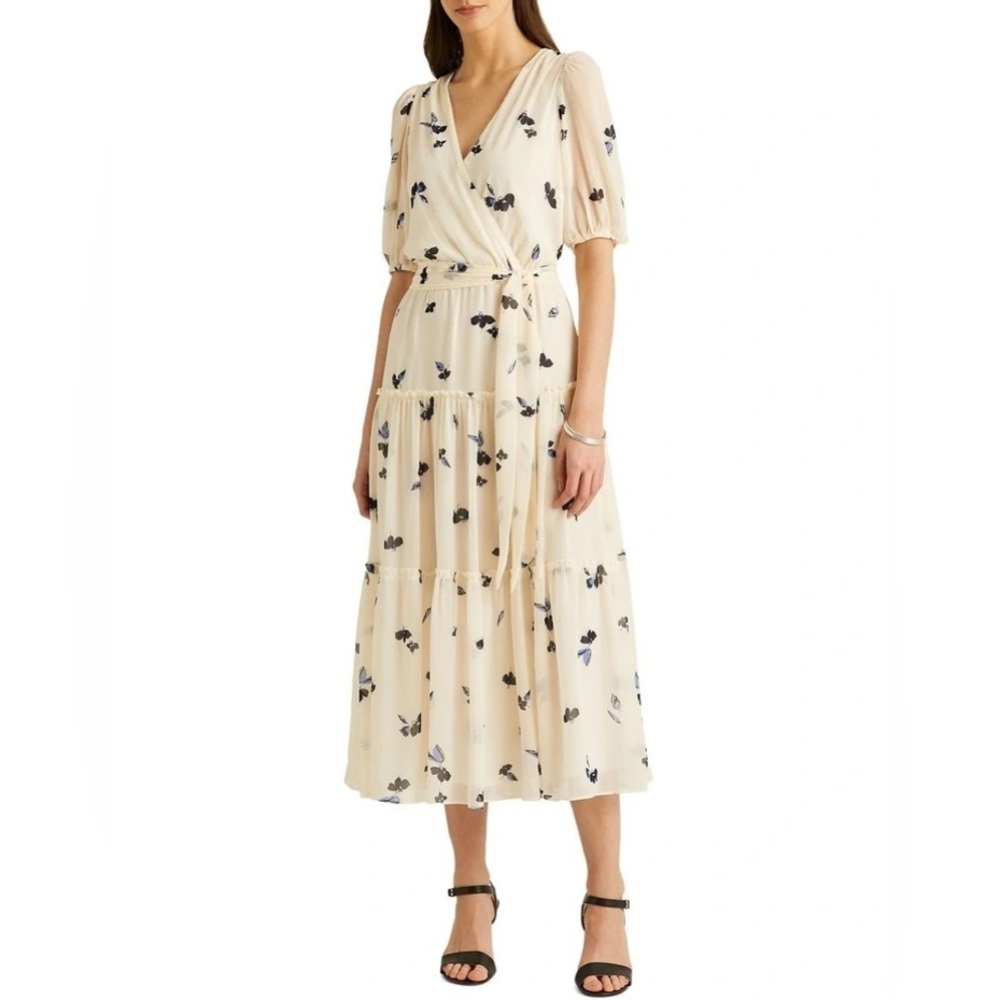 Lauren Ralph Lauren Cream Floral Crinkled Georgette Midi Dress Size 0